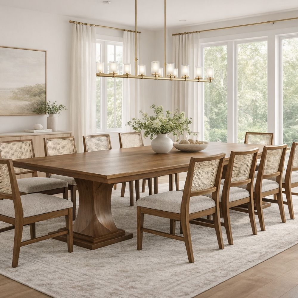 Dining room with wooden table and chairs in a bright room with large windows.