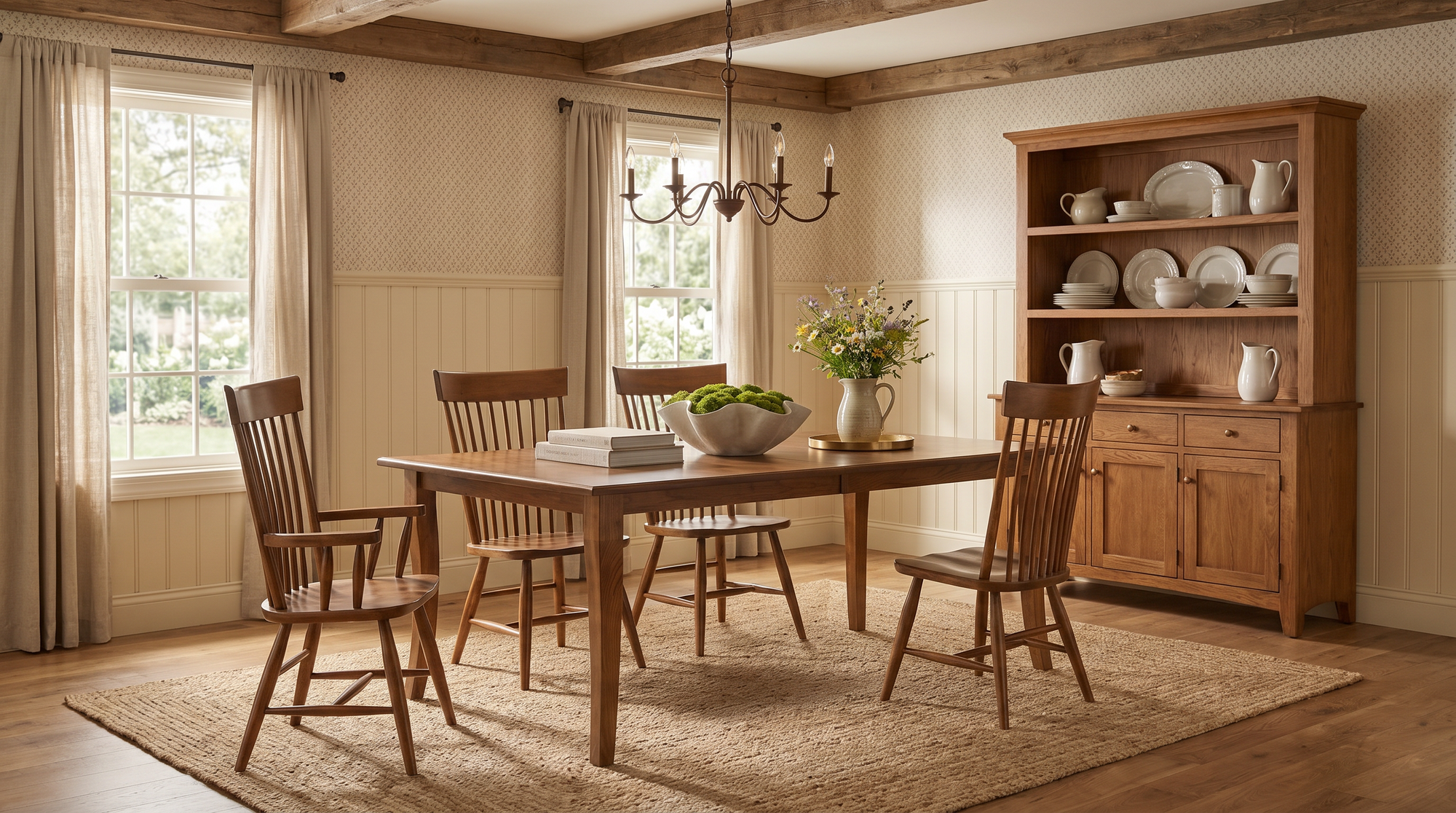 Dining room with wooden table and chairs, a chandelier, and a bookshelf.