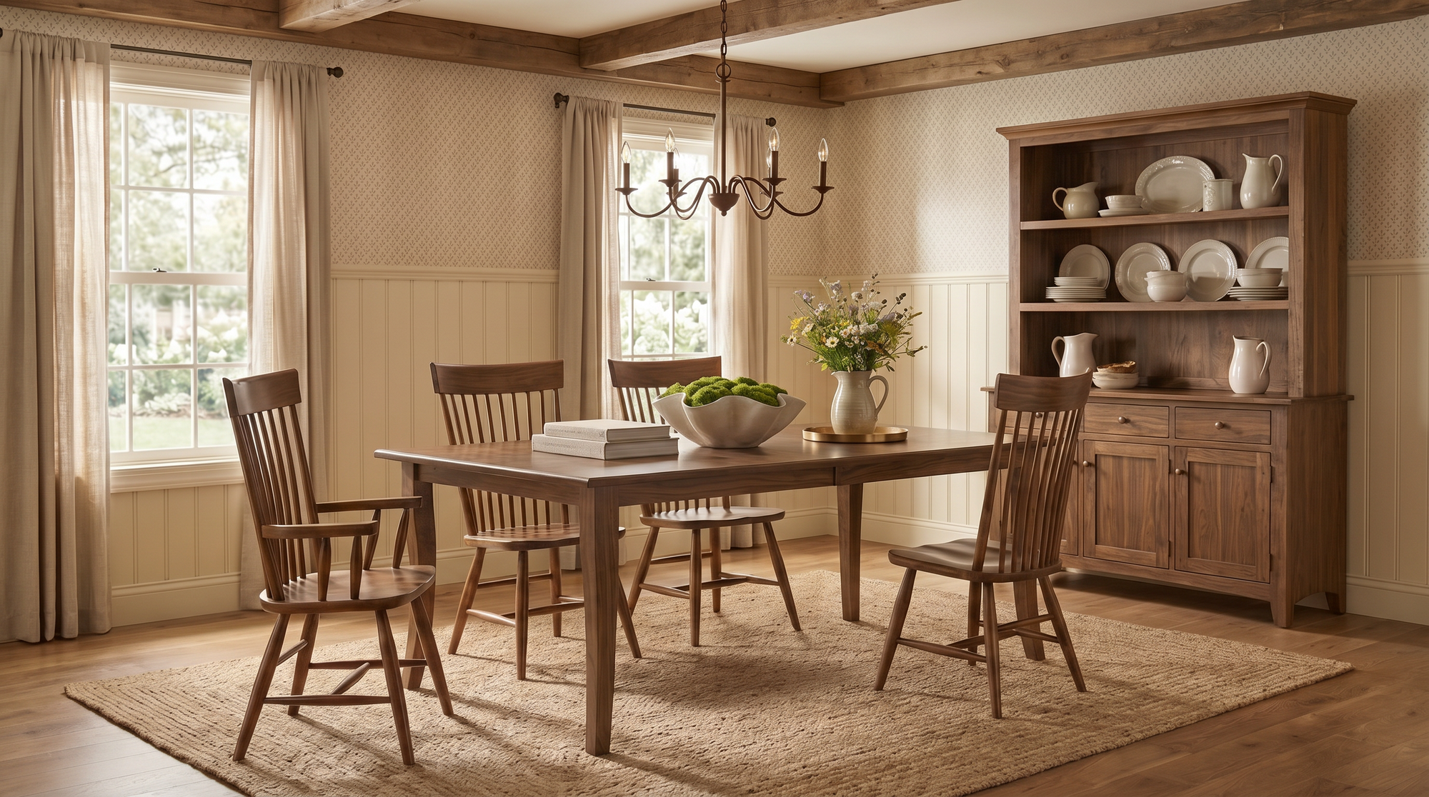 Dining room with wooden table and chairs, a chandelier, and a bookshelf.