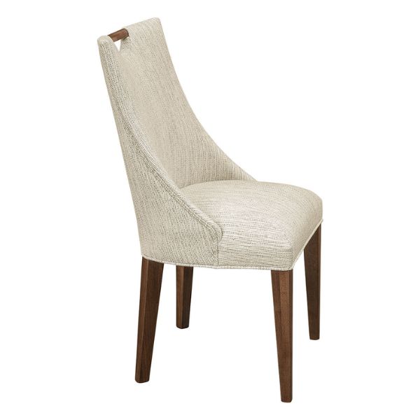 A beige upholstered Westal dining chair with a mission back design and dark wood legs.