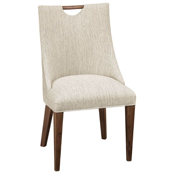 A beige upholstered Westal dining chair with a mission back design and dark wood legs.