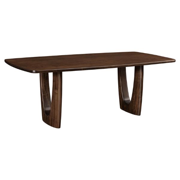 A rectangular solid top trestle table with a dark stain, featuring a bullnose edge and a contemporary design.
