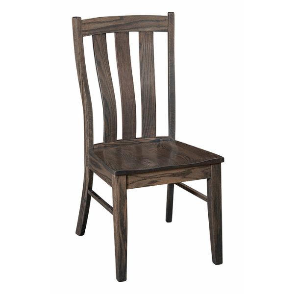 A wooden dining chair with a slatted backrest and a solid seat, displayed in a dark brown gray flannel stain.