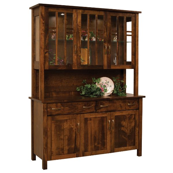 A wooden Acadia Hutch with overlay doors, European hinges, plain wood back, full extension soft close undermount slides, LED touch lighting, mullions with plain glass, and one adjustable glass shelf with a plate groove in top. The hutch is displayed in a Brown Maple with Asbury Stain finish.
