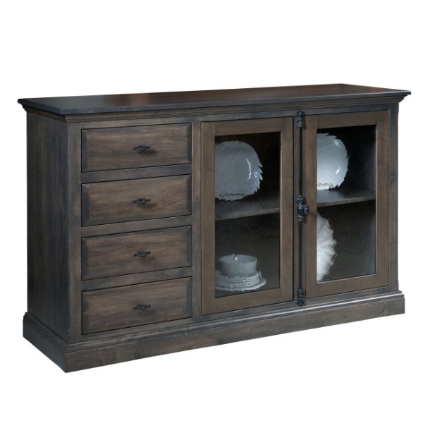 A brown maple wood sideboard with baroque glass doors and four drawers, featuring a classic design with full extension soft close undermount slides.