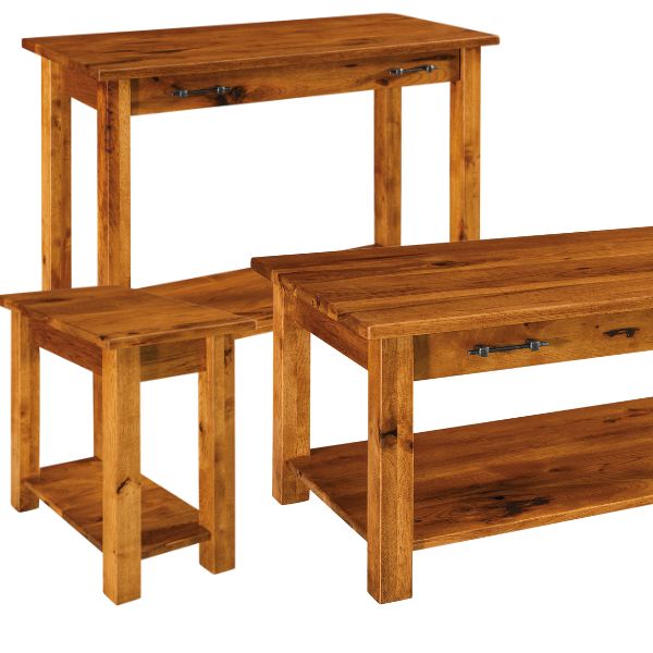 A collection of rustic brown wooden tables in various sizes, including a coffee table, with visible drawers and a lower shelf, set against a white background.