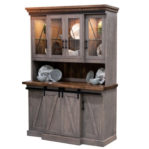 A gray wooden hutch with glass doors and shelves, featuring two sliding center doors with barn tracks and LED lights.