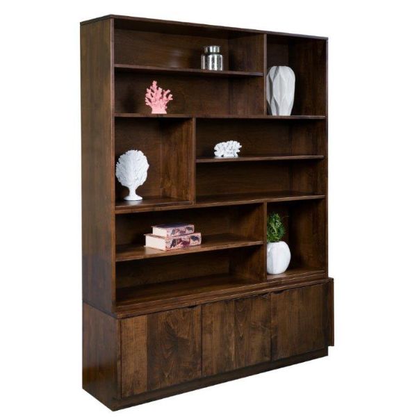 A brown maple wood display hutch with six shelves, featuring items on the shelves and a plain wood back.