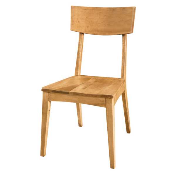 A simple side chair with a brown upholstered seat and backrest, constructed from hardwood in a Harvest stain finish.