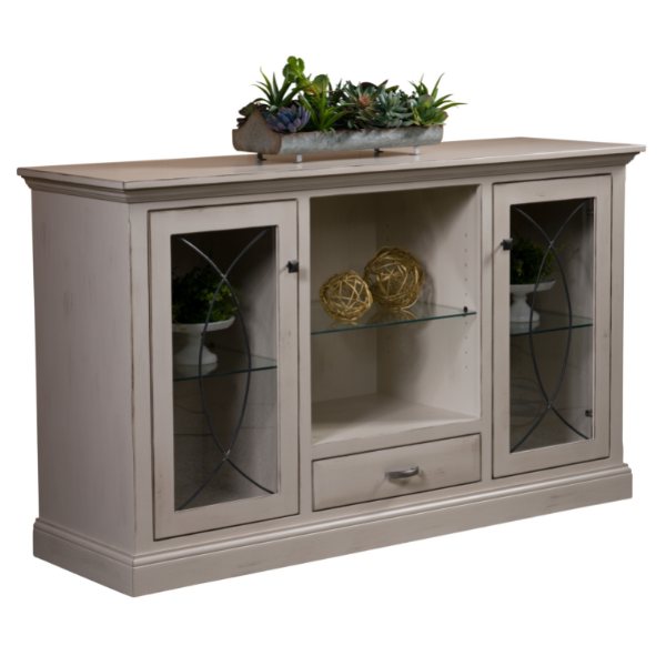 A beige wooden sideboard with leaded glass panels, European hinges, and a low sheen finish. It features two doors and a clear glass insert with a decorative item behind it.