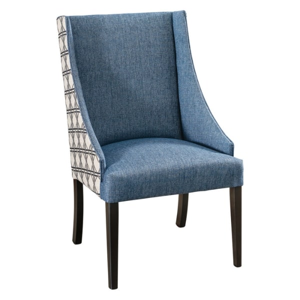 A blue upholstered Bristow dining chair with a high backrest and wooden legs, showcasing a patterned fabric on the seat and solid brown maple wood.