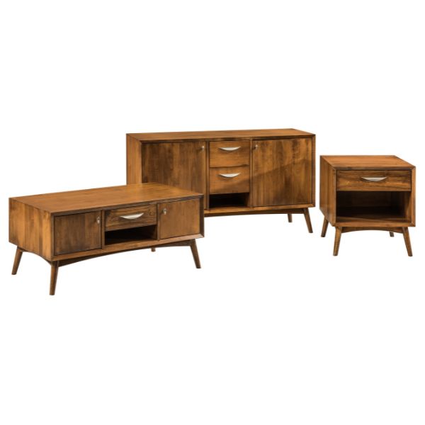 A set of three brown maple wood occasional tables with different designs, including a narrow end table, a standard end table, and a coffee table.