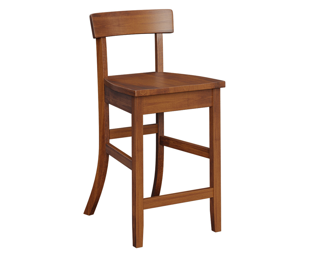 A brown maple wood bar stool with a flat, square seat and a straight backrest.