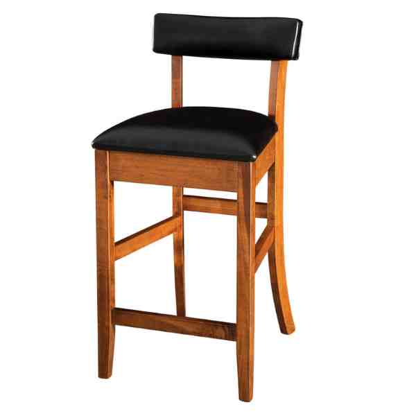 A traditional style bar chair with a solid hardwood frame and black upholstery, showing a front view with the seat and backrest in focus.
