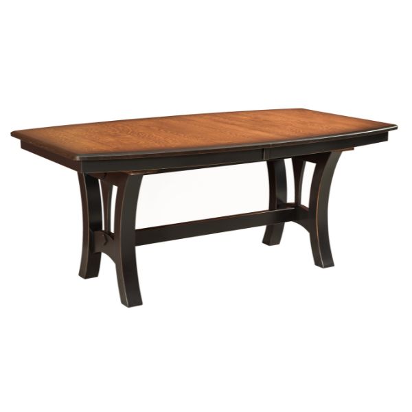 Grand Island Trestle Extension Table with a boat-shaped top and trestle base, shown in a two-tone finish with skirts removed.