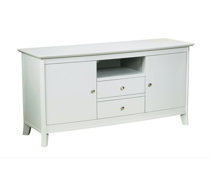 A white Laurel Media Stand with a bowed front, multiple drawers, and a media compartment.