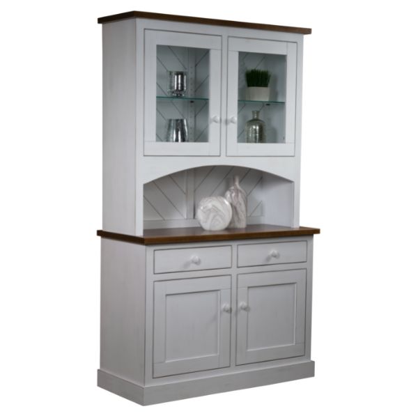 A gray wooden kitchen hutch with a glass door and soft close undermount slides, featuring a top hutch with a shiplap back and a base with adjustable wood shelf.