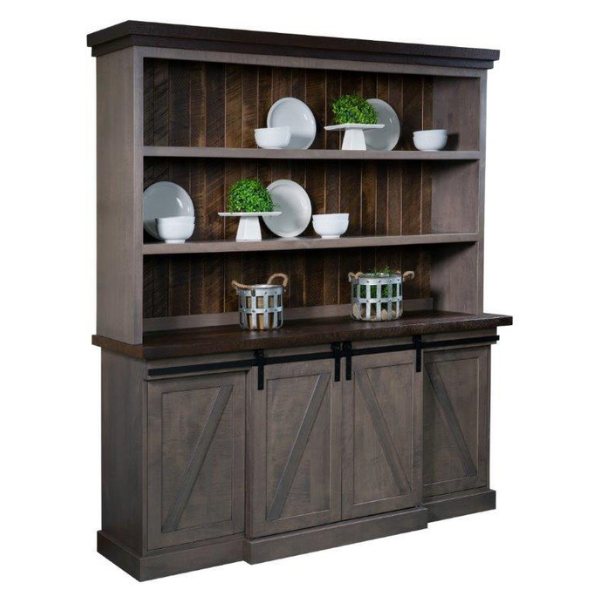 A brown wooden open hutch with glass doors on the top and multiple shelves with dishes displayed on the open shelves.