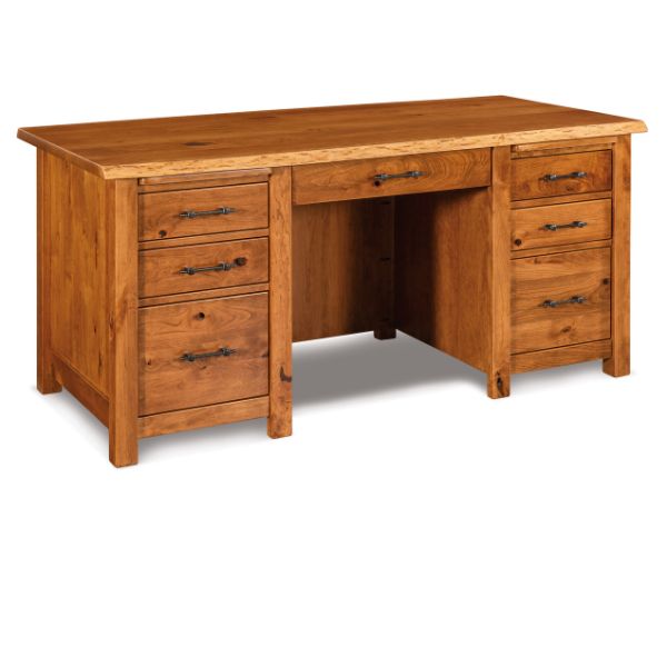A brown wooden desk with a rectangular tabletop, a kneehole, and multiple drawers.