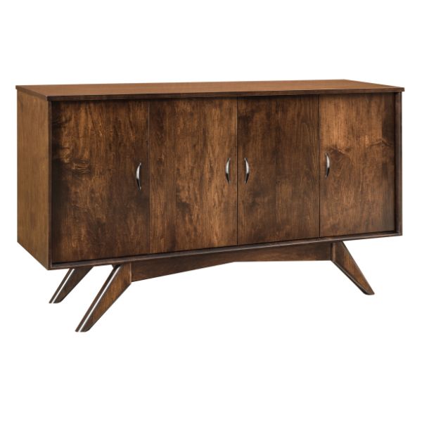 A brown wooden sideboard with four doors and a flat top surface, set against a white background.