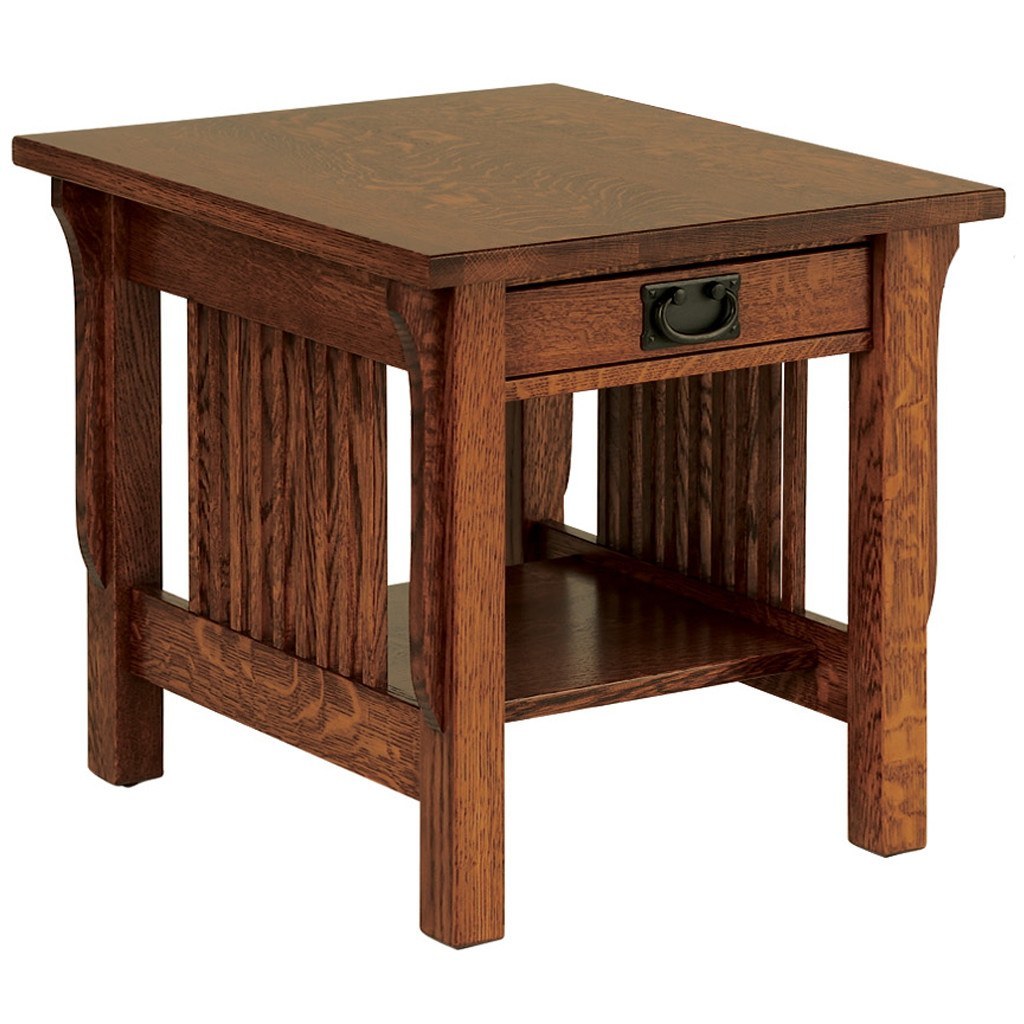 An end table with a solid top and slatted sides, featuring black distressed mission hardware and a lower shelf for storage.