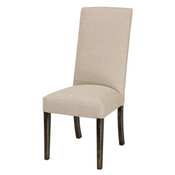 A brown maple wood dining chair with beige upholstery, showing the side profile of the chair with a flared leg and a square backrest.