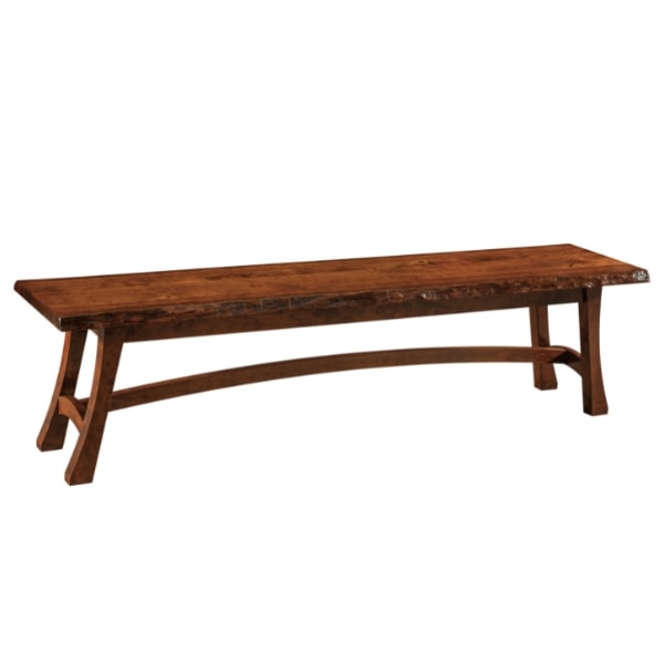 A wooden bench with a live edge design, featuring a solid top and a center leg, crafted from hardwood.
