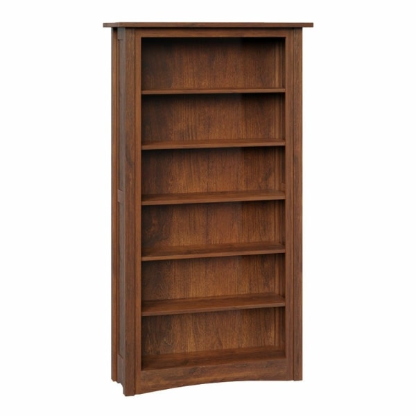 A wooden bookcase with five shelves, featuring a warm brown finish, displayed against a plain background.