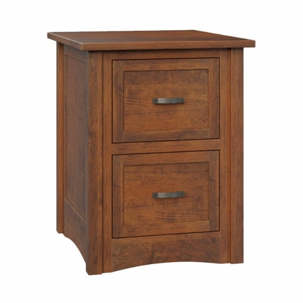 A wooden filing cabinet with two drawers, featuring a brown finish and metal handles.