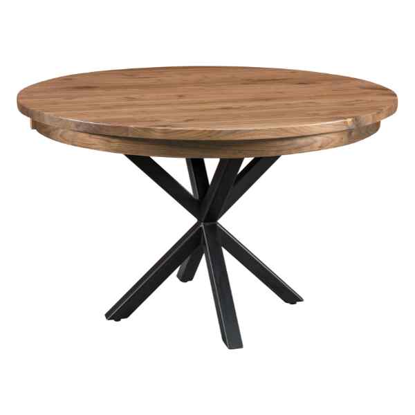 Round pedestal dining table with a wooden top and a black metal base with cross supports.