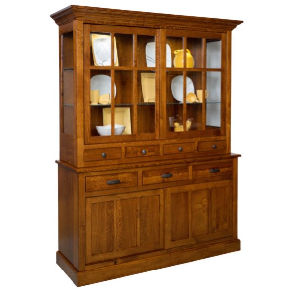 A brown wooden Sherwood Hutch with glass doors, a closed deck, and sidemount slides.