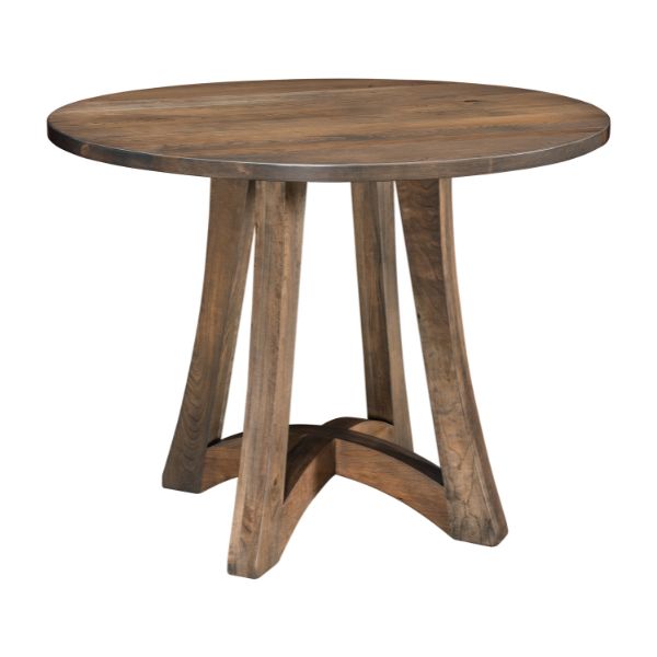Round pedestal pub table with a solid top and mission details, made of wood and shown in walnut finish.