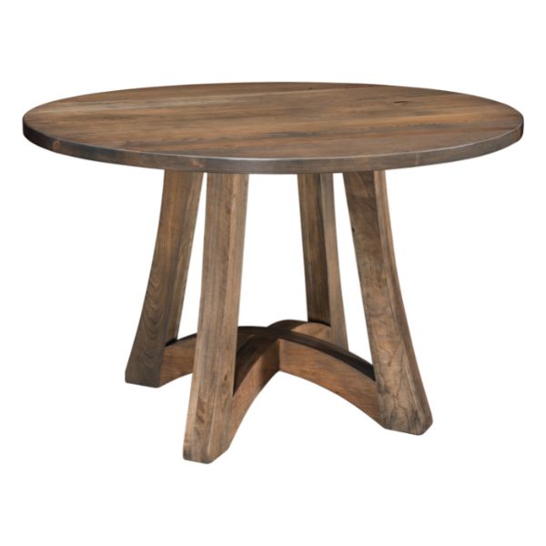 Round pedestal dining table made of walnut with a natural finish, showcasing mission details and a solid top.