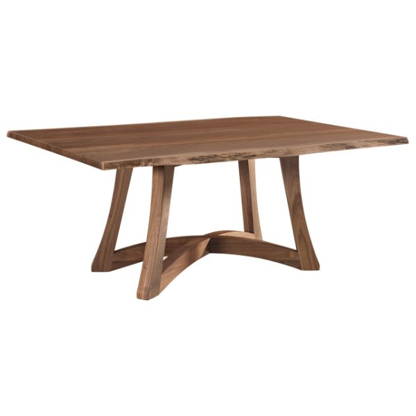 Rectangular solid top trestle table made of walnut with a natural finish.
